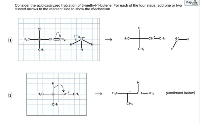 Catalyzed hydration acid wrong thing last methyl consider butene add curved arrows mechanism reactant steps side two only but messing